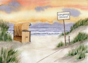 Postkarte DIN-A5 Aquarell Kunst Druck Kunstdruck Strandkorb Sonnenuntergang Nordsee Insel Juist Sonnenuntergang Meer Möwe Strand Wunschname